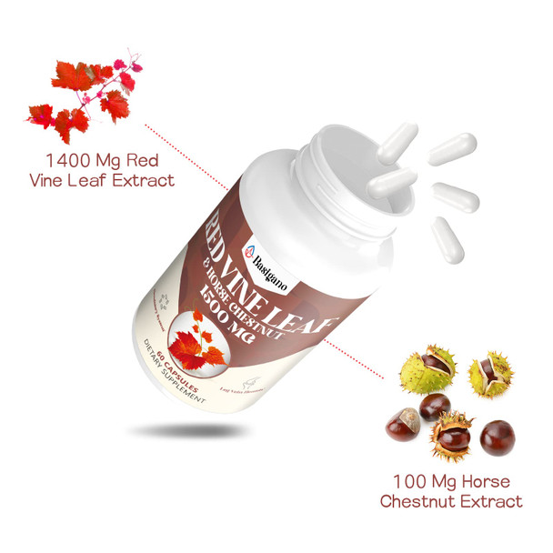 Red Vine Leaf  and Horse Chestnut Extract Capsule Supplements (Vitis Vinifera) 1500mg  Premium Extract for Healthy Veins Circulation Heart Skin
