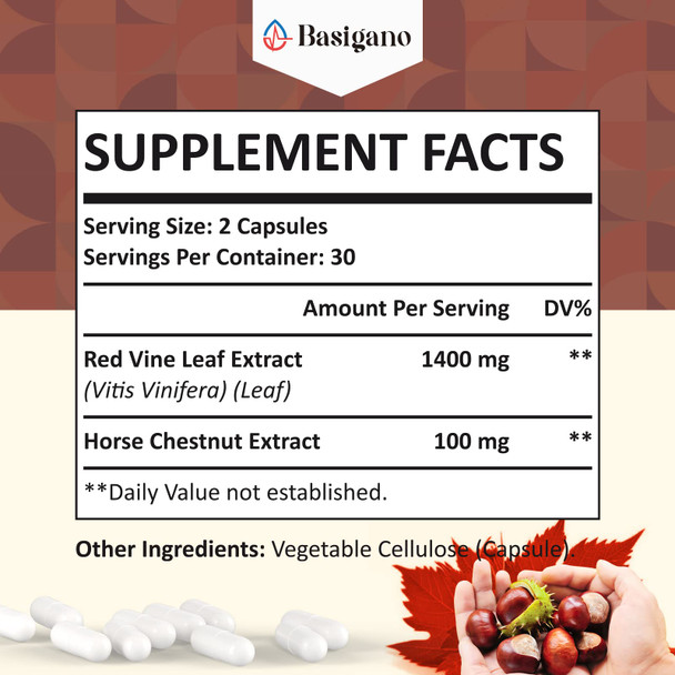 Red Vine Leaf  and Horse Chestnut Extract Capsule Supplements (Vitis Vinifera) 1500mg  Premium Extract for Healthy Veins Circulation Heart Skin