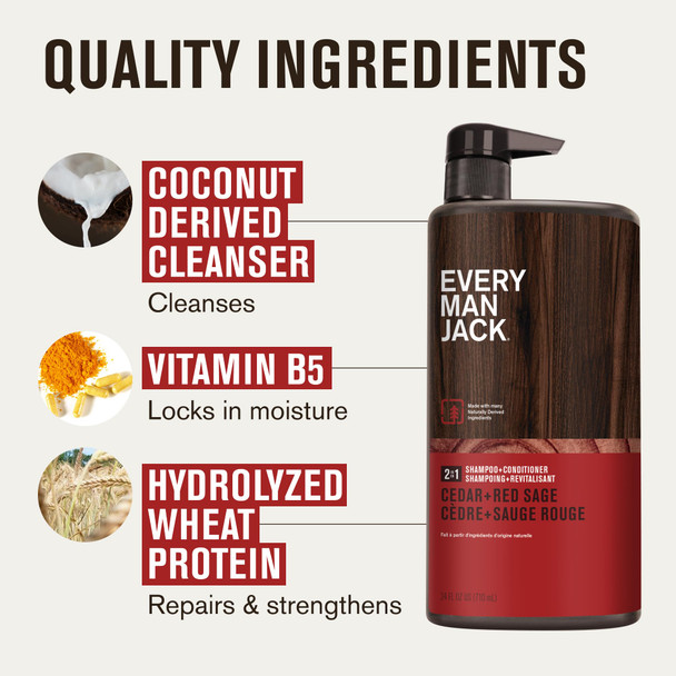 Every Man Jack 2-in-1 Daily Shampoo + Conditioner - Cedar and Red Sage | Nourishing For All Hair Types Naturally Derived Cruelty-Free Shampoo and Conditioner Set for Men | 24oz -1 Bottle