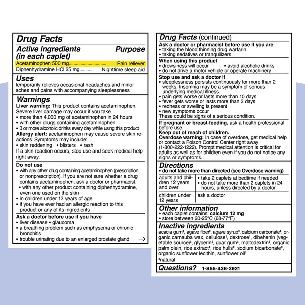 Genexa Clean Acetaminophen PM 500mg Extra Strength Dye Free Pain Reliever Nighttime Sleep Aid Fever Reducer 0% Artificial Additives Relieves Headache Backache Minor Arthritis Pain 50 Tablets