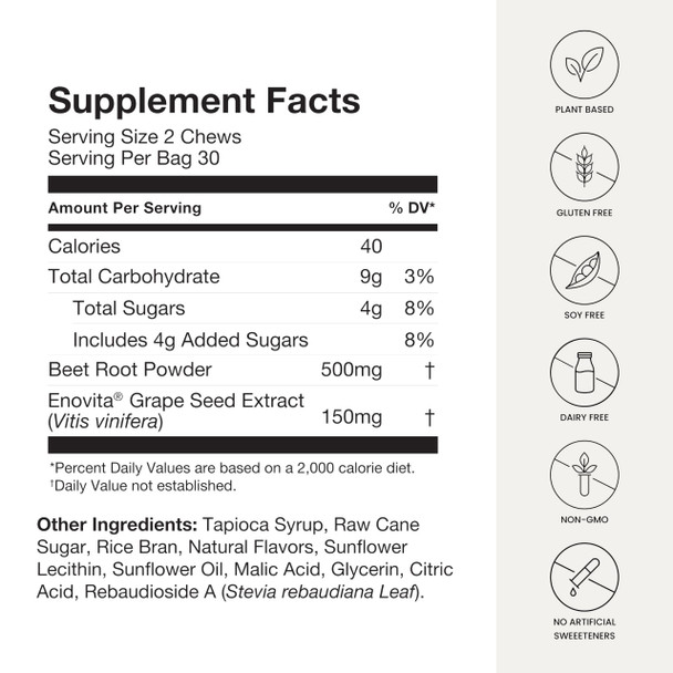 HumanN SuperBeets Heart Chews Nitric Oxide and Blood Pressure Support Grape Seed Extract & Non-GMO Beet Root Powder Energy Pomegranate Berry Flavor 120 Count