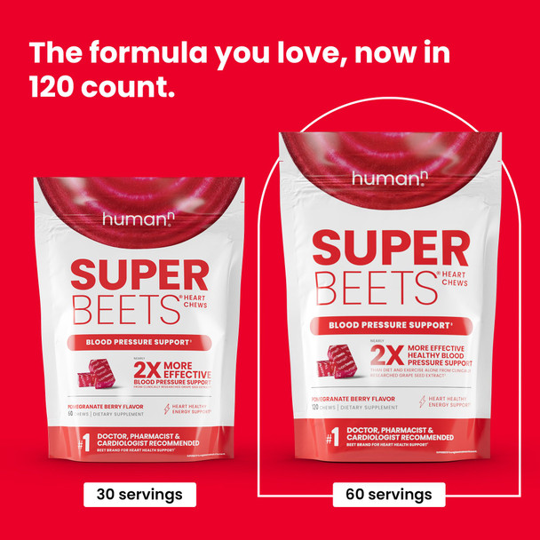 HumanN SuperBeets Heart Chews Nitric Oxide and Blood Pressure Support Grape Seed Extract & Non-GMO Beet Root Powder Energy Pomegranate Berry Flavor 120 Count