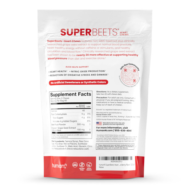 HumanN SuperBeets Heart Chews Nitric Oxide and Blood Pressure Support Grape Seed Extract & Non-GMO Beet Root Powder Energy Pomegranate Berry Flavor 120 Count