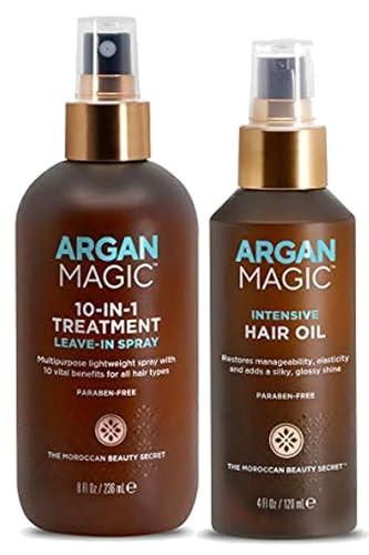 Argan Magic 10 In 1 Treatment Stylizing Spray + Intensive Hair Oil Combo Pack – Multipurpose Leave In Spray For All Hair Types Hydrating Made In Usa Paraben Cruelty (8 Oz / 4 Oz)