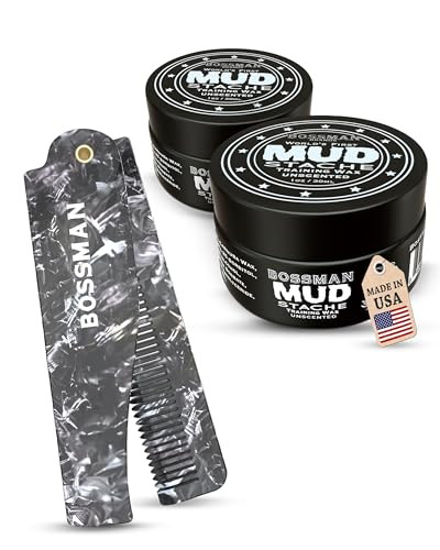 Bossman Mudstache Wax For Men 2 Pack + 3.5-Inch Acetate Folding Comb For Men – Strong 24-Hour Hold Wax + Travel Size Mustache & Beard Comb - Made In Usa