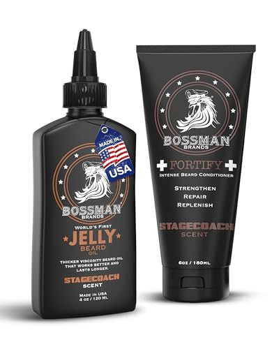 Bossman Fortify Beard Conditioner + Jelly Beard Oil For Men (10 Oz In Total Stagecoach Scent) – Moisturizing Softening Protecting And Replenishing Grooming Solutions – Made In The Usa