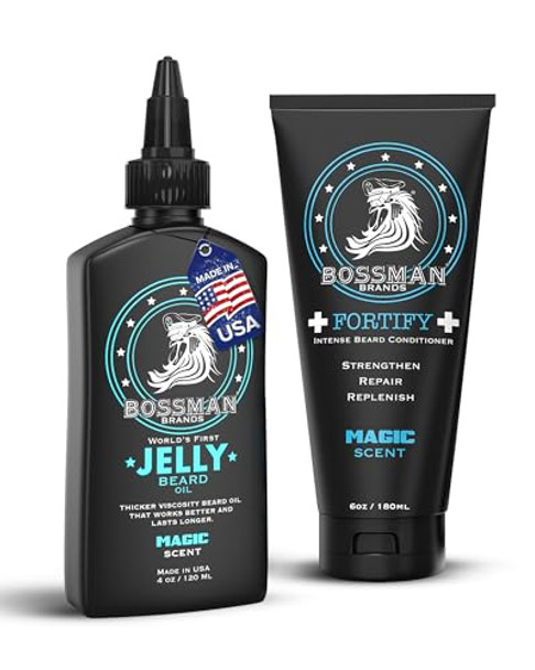 Bossman Fortify Conditioner + Jelly Beard Oil For Men (8 Oz In Total Magic Scent) – Softening Moisturizing Replenishing And Protecting – Natural Ingredients – Made In The Usa