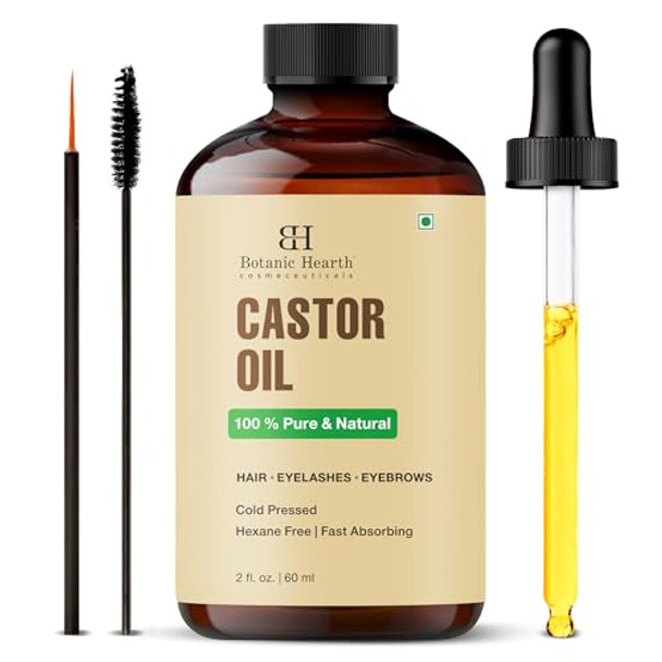 Botanic Hearth Castor Oil 100% Pure & Natural Cold Pressed 2 Fl Oz For Hair Eyelashes & Eyebrows Hexane Fast Absorbing With Applicators & Dropper