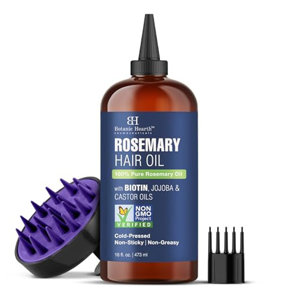 Botanic Hearth 100% Pure Rosemary Oil For Hair Growth (16 Fl Oz) Infused With Biotin Jojoba & Castor Oil Hair Oil Repairs Dry Damaged Hair Strengthening Healthier Hair- Hair Tonic