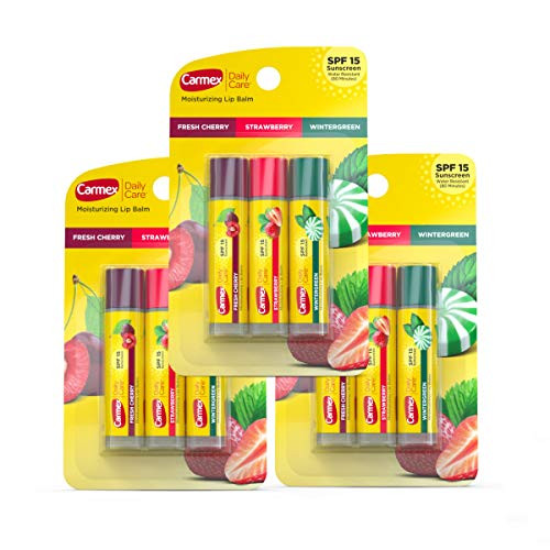Carmex Daily Care Moisturizing Lip Balm Pack Spf 15 Multi-Flavor Lip Care Variety Pack Bag 9 Count (3 Tubes 6 Sticks)