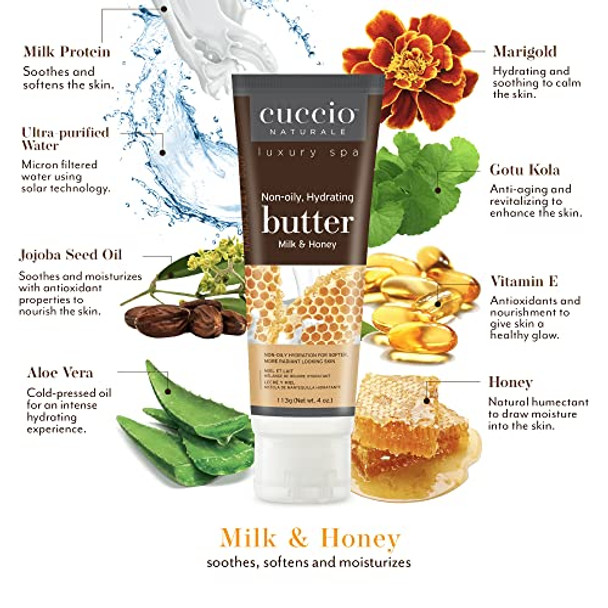 Cuccio Naturale Luxury Spa Hydration Essentials Set - Provides Nourishing Hydration - Soothes And Softens The Skin - Delivers A Relaxing Feeling - Milk And Honey - 2 Pc Body Butter And Cuticle Oil