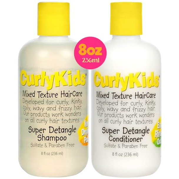 Curlykids Super Detangle Kids Shampoo & Conditioner Set Frizz- Care For Curly Kinky Wavy And Frizzy Hair - Sulfate & Paraben- Hair Care