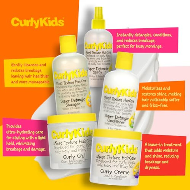Curlykids Super Detangle Spray Bundle With Hair Detangler Spray Kids Shampoo Conditioner Gel & Creme For Curly Frizzy & Wavy Hair Sulfate & Paraben- Formula To Detangle
