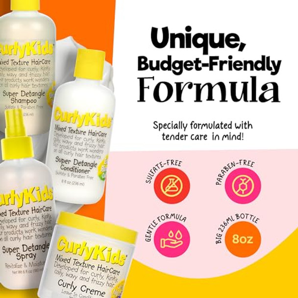 Curlykids Textured Hair Care Set With Hair Detangler Spray Kids Shampoo Conditioner & Creme For Curly Frizzy & Wavy Hair Sulfate & Paraben- Formula To Detangle Hydrate And Revitalize Curls