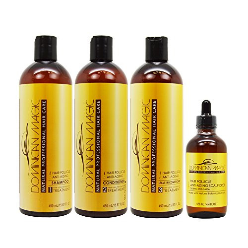 Dominican Magic Anti-Aging Hair Care Set – Shampoo Conditioner Leave-In (16Oz) & Hair Growth Drops (4Oz) Strengthens Hydrates & Restores Thinning Dry & Aging Hair