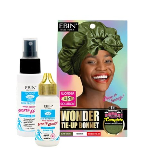 Ebin York Lace Wig Glue – Ebin Wonder Lace Bond Adhesive Sports Edition Bundle With Skin Protector Sports Edition 2 Fl Oz And Tie-Up Bonnet Olive Greene Regular By Ebin York – Set (3 Items)