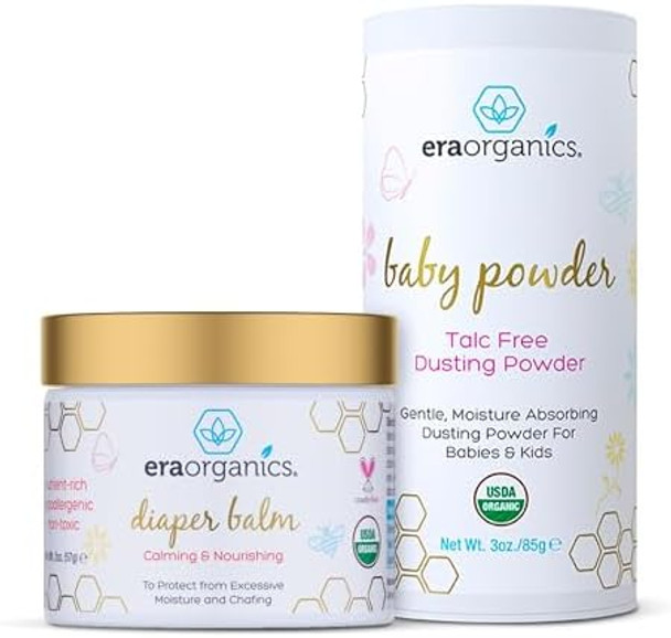 Era Organics Organic Baby Powder & Diaper Balm – Usda Organic Talc- Baby Powder & Diaper Ointment For Dry Sensitive Skin - All Natural To Help Excess Moisture Rash Or Chafing