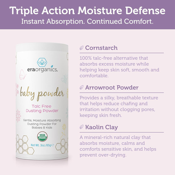 Era Organics Talc- Organic Baby Powder - Usda Organic Dusting Powder With Arrowroot Calendula And Cornstarch For Borns Babies Or Toddlers - Soothing Fragrance Made In Usa (3Oz/85G)