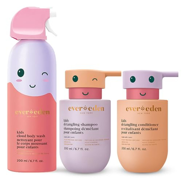 Evereden Kids Cloud Body Wash (6.7 Fl. Oz. Coconut Splash) & Hair Duo - Detangling Shampoo & Conditioner - With Plant Protein Peptides & Argan Oil Sulfate Paraben & Phthalate- For Kids 3+
