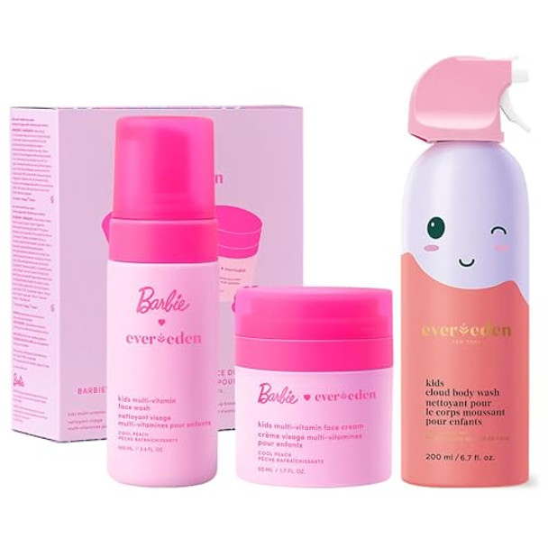 Evereden Happy Face Duo Barbie Edition & Cloud Body Wash Coconut Splash Set: Multi-Vitamin Kids Face Wash & Cream Fun Foamy Toddler Body Wash & Barbie Bundle - Gentle Clean & Vegan