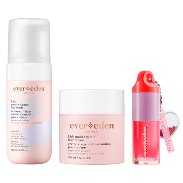 Evereden Happy Kids Skin & Lips Routine - Multi-Vitamin Face Wash Cream & Tinted Lip Oil Set - Clean & Vegan Care For Kids 3+ - Moisturizing Nourishing & Protective