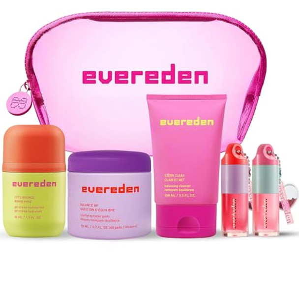 Evereden Preppy Teen Skincare Collection & Lip Gloss Set – Triple Green Tea Cleanser Teen Face Wash Gel-Cream Moisturizer Toner Pads For Face & Tinted Non-Toxic Lip Gloss (Ruby Red & Sakura Pink)