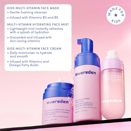 Evereden Kids Multi-Vitamin Hydrating Face Mist Face Wash & Kids Face Cream Set: Clean Vegan And Multivitamin-Rich Kids Skin Care Set For 6 & Up - Moisturize Nourish Protect & Refresh