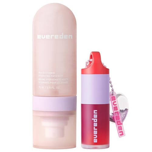 Evereden Kids Ruby Red Tinted Non Toxic Lip Gloss & Kids Multi-Vitamin Hydrating Face Mist Set: Nourishing Preppy Skincare Face Spray And Safe Girls Makeup For 6 & Up - Nourish Moisturize & Protect