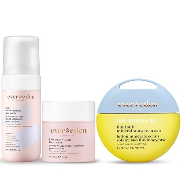 Evereden Kids Skincare & Sunscreen Essentials Set - Multi-Vitamin Face Wash Face Cream & Spf 50 Mineral Sunscreen - Clean Vegan Non-Toxic Skincare For Kids 3+