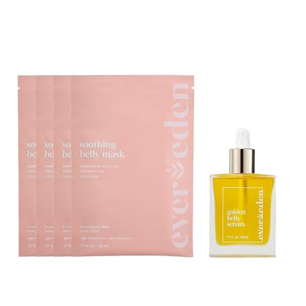 Evereden Golden Belly Serum 1.7 Fl Oz. & Soothing Belly Mask For Stretch Marks - 2Nd/3Rd Trimester Size 4 Pack 2 Item Bundle Set Clean Pregnancy Skincare
