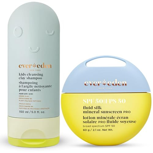 Evereden Spf50 Fluid Silk Mineral Kids Sunscreen & After Swim & Sports Kids Shampoo With Cleansing Clay Set: Sheer Clean Cooling Non-Nano Uva & Uvb Protection & Clean & Vegan Clarifying Shampoo