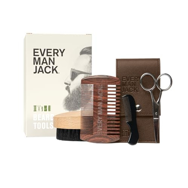 Every Man Jack Beard Grooming Tool Set - Dual Tooth Comb Medium Stiffness Brush Stainless Steel Sheers With Mini Comb - Complete Your Routine Travel Friendly