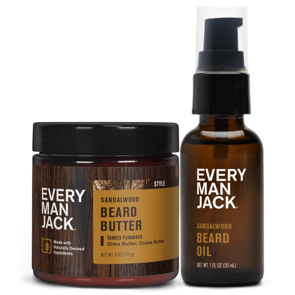 Every Man Jack Beard Oil & Beard Butter Bundle - Sandalwood Fragrance - Rejuvenates Hydrates & Styles Dry Beards - Naturally Derived With Cocoa Butter And Shea Butter