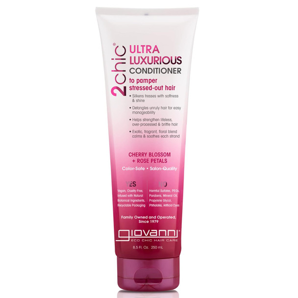 Giovanni 2Chic Ultra-Luxurious Conditioner - Calms & Smooths Curly & Wavy Hair Silkens Tresses Strengthens Over Processed Hair Helps Detangle Color Safe Cherry Blossom & Rose Petals - 8.5 Oz