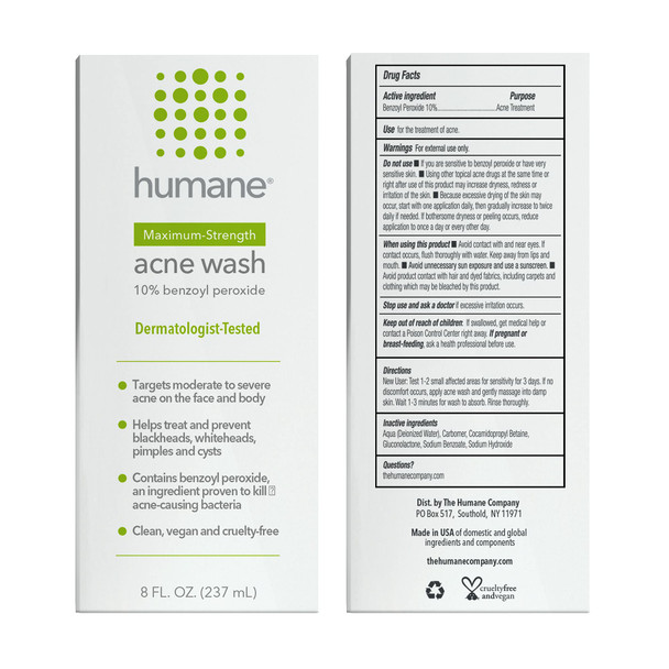 Humane Maximum-Strength Acne Wash - 10% Benzoyl Peroxide Acne Treatment for Face, Skin, Butt, Back and Body - 8 Fl Oz - Dermatologist-Tested Non-Foaming Cleanser - Vegan, Cruelty-Free