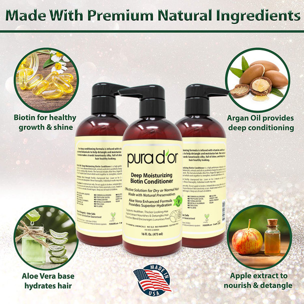 PURA D'OR Biotin Deep Moisturizing Conditioner Thickens, Softens, Smooths, & Moisturizes - For Dry, Frizzy, Damaged Hair: Made w/ Argan Oil, Pumpkin, Rosemary, Honeysuckle, Vitamin E, Men & Women 16oz