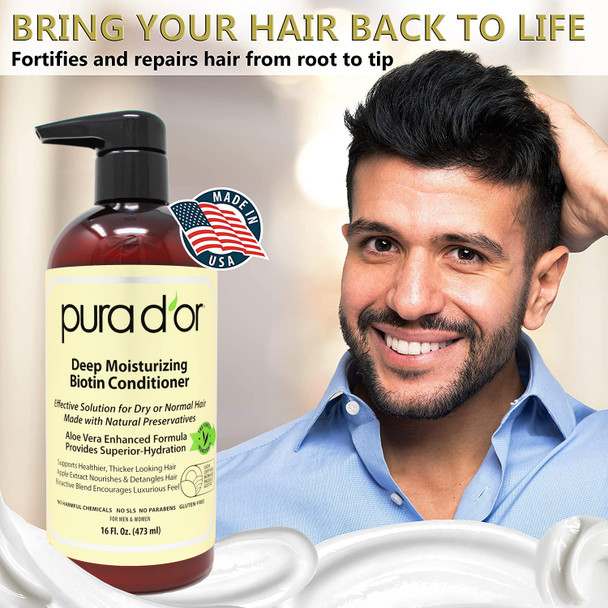 PURA D'OR Biotin Deep Moisturizing Conditioner Thickens, Softens, Smooths, & Moisturizes - For Dry, Frizzy, Damaged Hair: Made w/ Argan Oil, Pumpkin, Rosemary, Honeysuckle, Vitamin E, Men & Women 16oz