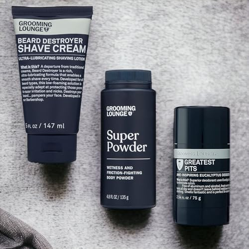 Grooming Lounge Everyday Essentials: Beard Destroyer Shaving Cream + Super Powder Body Talc + Natural Greatest Pits Deodorant