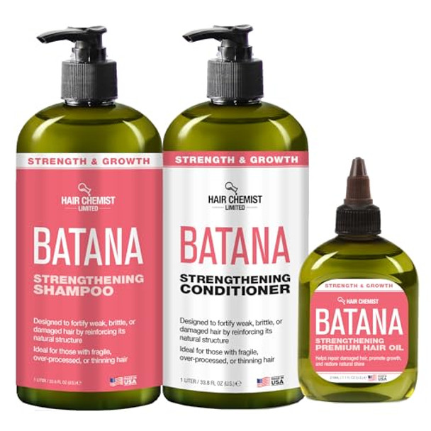 Hair Chemist Batana Strengthening Large Shampoo Conditioner And Hair Oil Set (3-Pc Set) - Batana Shampoo And Conditioner For Hair Growth Thickening And Strength Batana Hair Oil