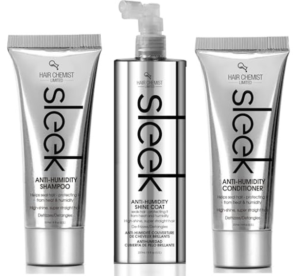 Hair Chemist Sleek Anti-Humidity Shampoo 8Oz Conditioner 8Oz & Shine Coat 8Oz 3-Pc Set - Frizzy Hair Shampoo And Anti-Frizz Treatment Collection For Silky Hair & Super Straight Hair
