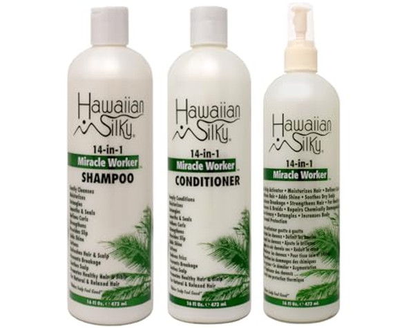 Hawaiian Silky 14-In-1 Miracle Worker Hair Care Set Shampoo Conditioner And Activator Spray 16 Fl Oz Each