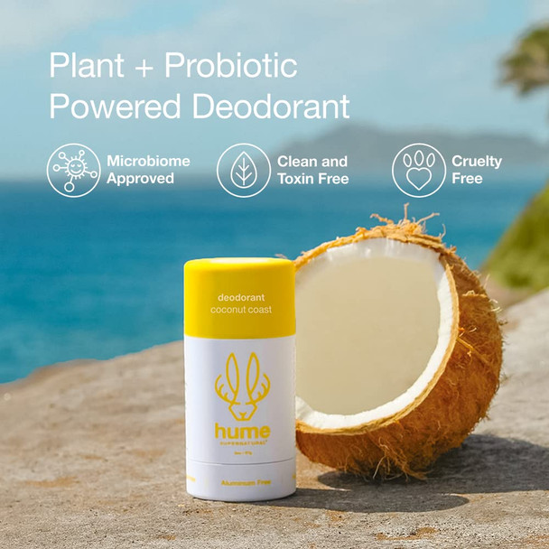 Hume Supernatural Aluminum Deodorant For Women & Men - Safe For Sensitive Skin - Probiotic Plant-Based Baking Soda Aloe & Cactus Flower Anti Sweat Stain & Odor - Coconut Coast 2-Pack
