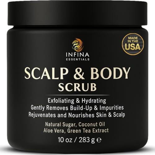 Infina Essentials Scalp And Body Scrub – Exfoliating Sugar Cleanser With Coconut Oil Menthol & Aloe – Dual-Use Polisher For Dry Skin & Flaky Scalp – Soothing Cooling & Hydrating - Infina Essentials 8.45 Fl Oz