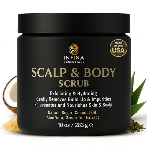 Infina Essentials Scalp And Body Scrub – Exfoliating Sugar Cleanser With Coconut Oil Menthol & Aloe – Dual-Use Polisher For Dry Skin & Flaky Scalp – Soothing Cooling & Hydrating - Infina Essentials 8.45 Fl Oz