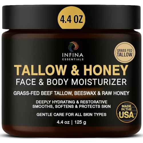 Infina Essentials Beef Tallow For Skin With Honey - Grass Fed Beef Tallow For Face Wrinkles - Hydrating Cream Face And Body Moisturizer With Raw Honey And Olive Oil For Dry Skin Hands Feet - 4.4 Oz