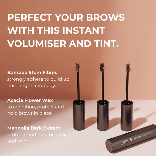 Inika Brow Perfector Instant Volumiser And Tint To Fill Shape And Color Brows. Natural Babmoo Fibres Vegan Ingredients And Dual Ended Custom Brush Head. Walnut