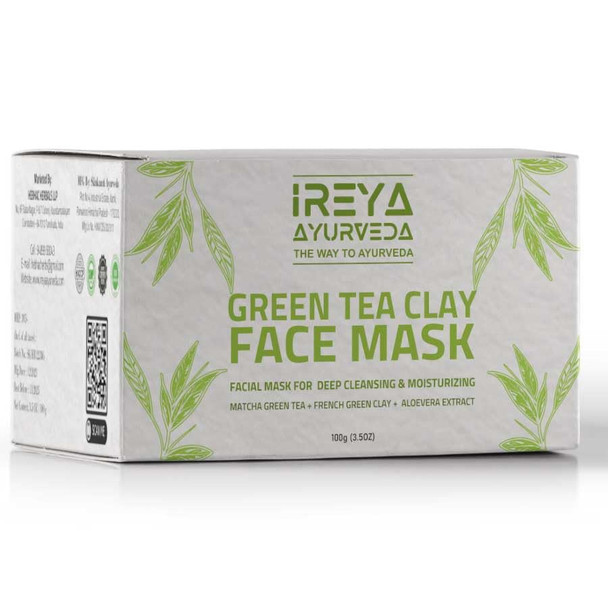 Ireya Ayurveda Green Tea Clay Mask With French Green Clay Moisturizing & Hydrating Clay Facial Mask Deep Cleansing Facial Mask With Kaolin Clay Vitamin E Bentonite Clay & Aloe Vera Extract