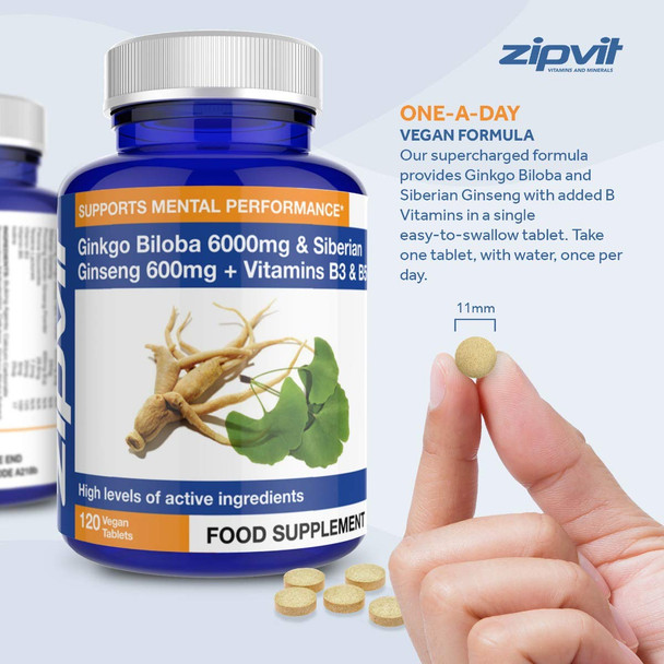 Ginkgo Biloba and Siberian Ginseng, Standardised Ginkgo 6000mg and Ginseng 600mg with Vitamins B3 and B5. 120 Vegan Tablets. 4 Months Supply.