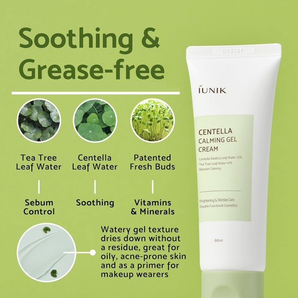 Iunik Centella 70% Calming Gel Cream Vegan Non-Sticky Moisturizing Blemish Care W/Centella Asiatica Tea Tree 10% Soothes Acne Rosacea Oily & Sensitive Skin Korean Skincare Bogo 1+1