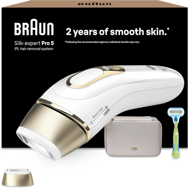 Braun IPL Silk-Expert Pro 5 at Home Hair Removal Alternative for Laser Hair Removal Includes Pouch and Venus Razor 2 Years of Smooth Skin Gift for Women White/Gold PL5052